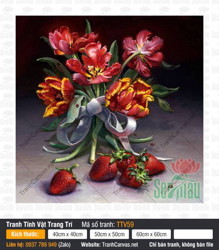 Tranh Tĩnh Vật Hoa Tulip TTV59 Tranh Tĩnh Vật Hoa Tulip TTV59 khắc họa bó hoa đỏ cùng dâu tây mọng nước