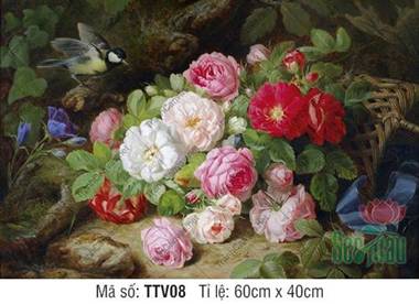 Tranh Tĩnh Vật Cổ Điển TTV08, Vẻ Đẹp Hoa Hồng Bên Giỏ Mây