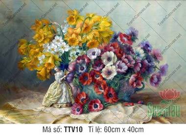 Tranh Tĩnh Vật Đẹp TTV10, Sắc Hoa Rực Rỡ Và Nét Đẹp Cổ Điển