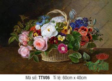 Tranh Tĩnh Vật Hoa Đẹp TTV06, giỏ hoa mây rực rỡ sắc màu