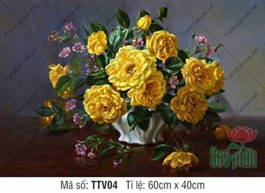 Tranh Tĩnh Vật Hoa TTV04, Vẻ Đẹp Cành Hoa Đỏ Cam Rực Rỡ