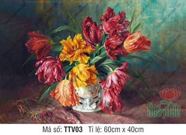 Tranh Tĩnh Vật Hoa Tulip TTV03, Sắc Đỏ Vàng Rực Rỡ Cổ Điển