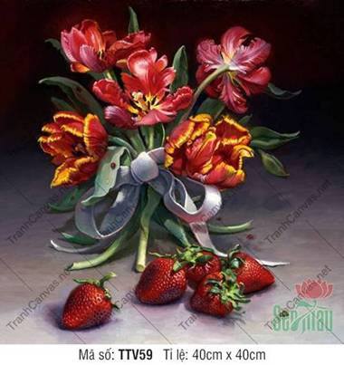 Tranh Tĩnh Vật Hoa Tulip TTV59, bó hoa uất kim hương và dâu tây Tranh Tĩnh Vật Hoa Tulip TTV59, bó hoa uất kim hương và dâu tây