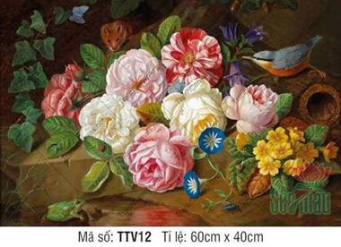 Tranh Tĩnh Vật Kích Thước Lớn TTV12, tuyệt tác hoa hồng và muông thú