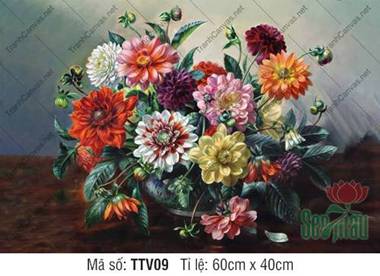 Tranh Tĩnh Vật Sơn Dầu Đẹp TTV09, Vẻ Đẹp Rực Rỡ Của Bình Hoa